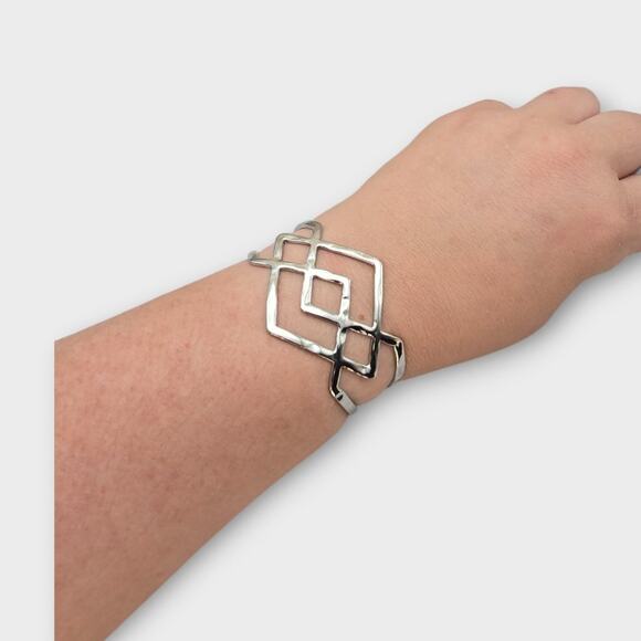Silver Diamond Pattern Cuff – Southwestern Modernist Style Bracelet - Picture 9 of 10